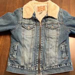 Womens Hollister quilt lined distressed jean jacket, size Large
